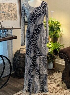 Navy And White Long Sleeve Mesh Tiered Maxi Dress